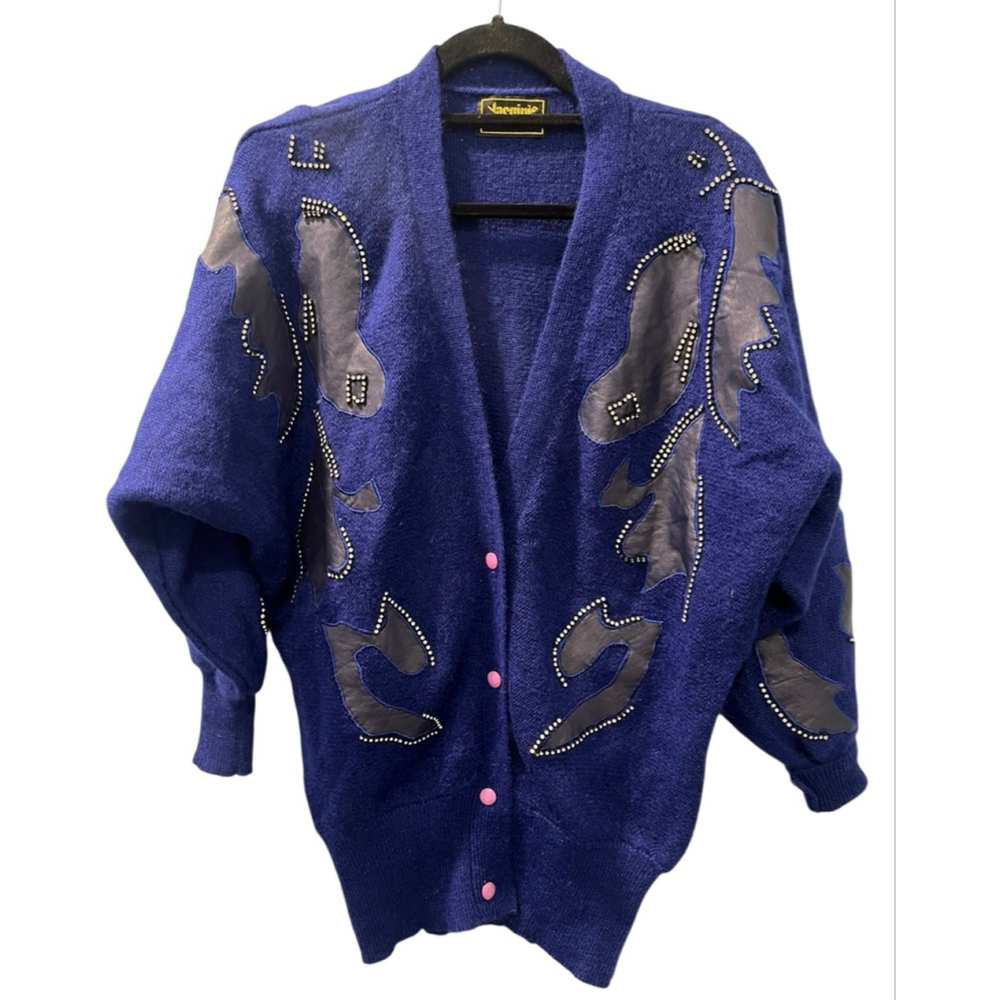Vintage 80's Vasginie Italian Mohair Artisan Blue Cardigan Size Medium Applique